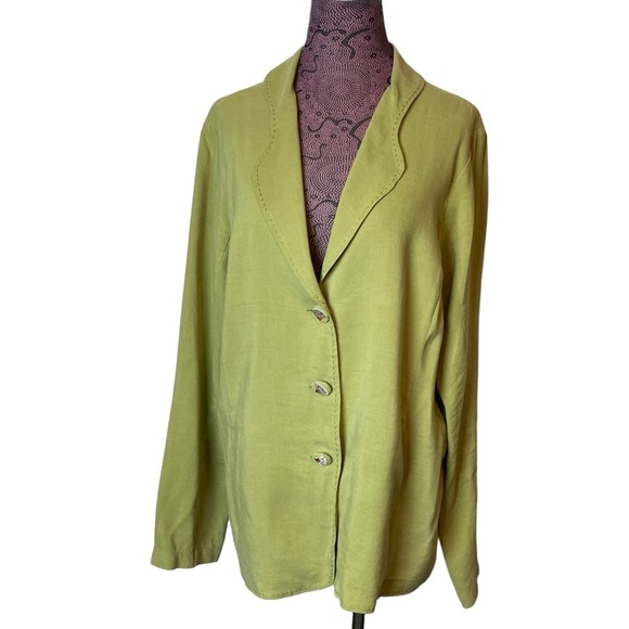 Citron Santa Monica Sz TXL Green Fan Buttons Blazer Jacket Silk Linen - Picture 9 of 9